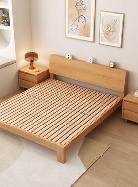全榉木实床简约1.8双人人床0.贸9米木无床头单家用简易床FGU架易