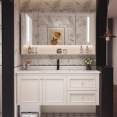 2024新款 奶油风浴室柜岩板陶瓷一体盆洗漱台面洗手脸盆柜组合 法式