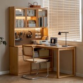 三两枝实木转角书桌书架一体电脑学习桌拐角组合书柜写字桌工作台