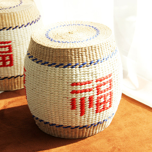 民俗田园中式实木圆鼓凳绣墩 古筝花鼓坐墩子矮凳换鞋凳草编雕花