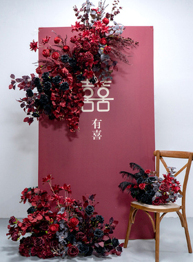 红色中式KT板喜宴婚礼装饰花艺 墙壁背景仿真花成品花艺布置排花