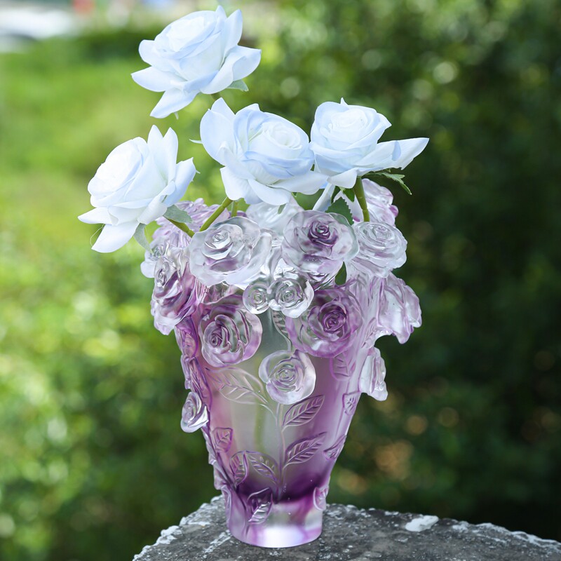 轻奢紫色玻璃玫瑰雕刻餐桌花瓶