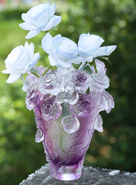 轻奢紫色玻璃玫瑰雕刻餐桌花瓶