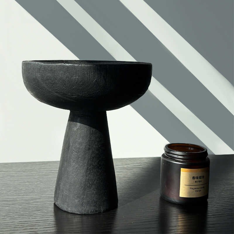 侘寂风黑色实木高脚果盘家用客厅茶几软装木质高足盘民宿装饰摆件