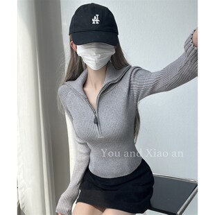 攻气盐系半拉链套头毛衣女早秋高领针织衫外穿内搭黑色甜酷短外套