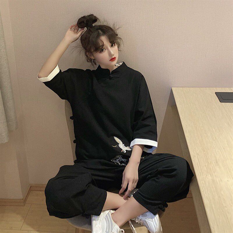 汉服女款唐装女套装两件套中国风改良旗袍上衣盘扣禅服新中式女装