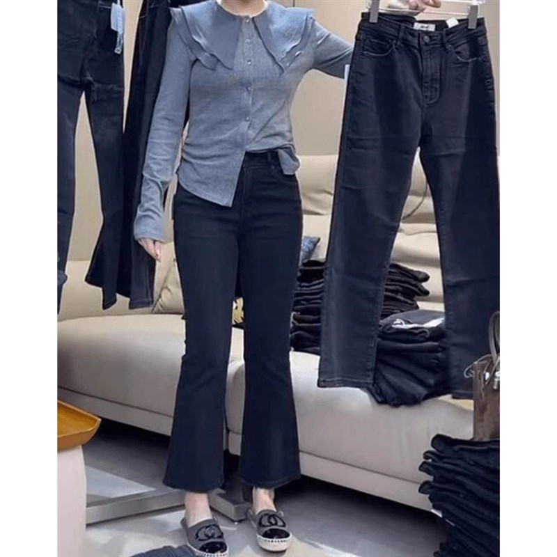 秋季新款大码九分微喇牛仔裤女胖妹妹mm高腰弹力显瘦喇叭裤直筒裤