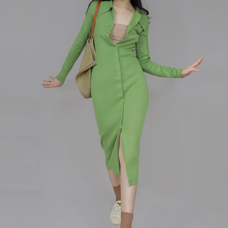 【NON没边】草草绿法式复古2023秋季性感修身显瘦长袖针织连衣裙