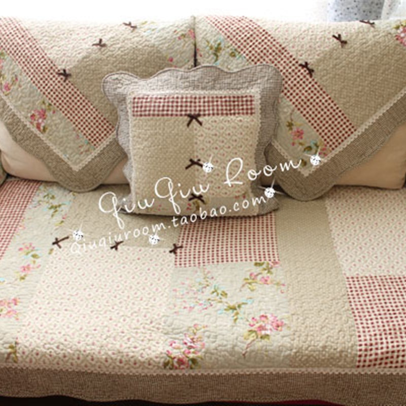 米色蝴蝶结 拼布格子蕾丝布艺纯棉防滑绗缝沙发垫防尘垫巾 飘窗垫