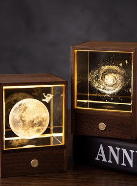 云朵麋鹿水晶玻璃小夜灯小王子月球宇航员发光黑胡桃木摆件治愈系
