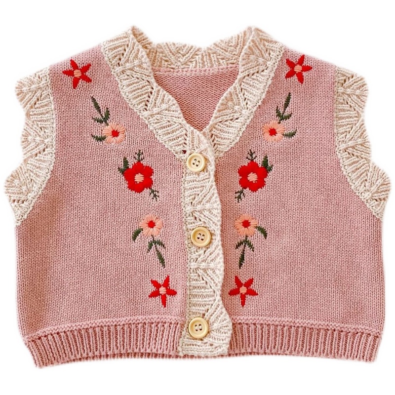 2021秋季女宝宝百搭开衫棉纱针织毛衫婴儿0-2岁绣花V领马甲外套