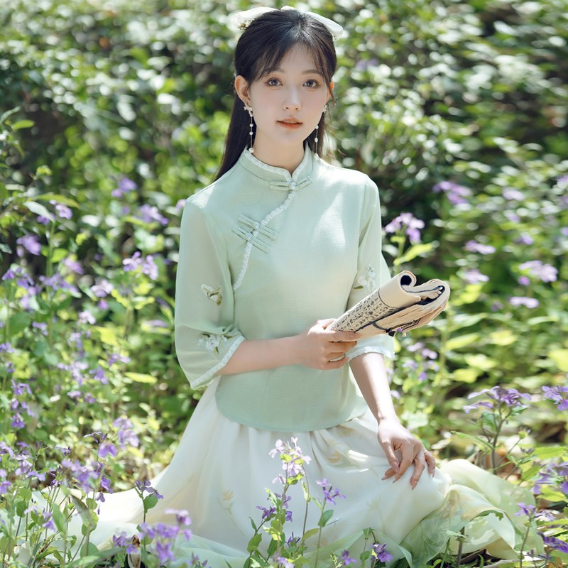 新中式日常汉服套装女夏季薄款民国风改良旗袍上衣半身裙禅意茶服