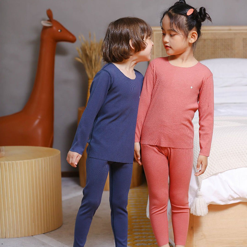 mi pink果果德绒螺纹儿童保暖套装男童秋衣秋裤女童装无痕家居服