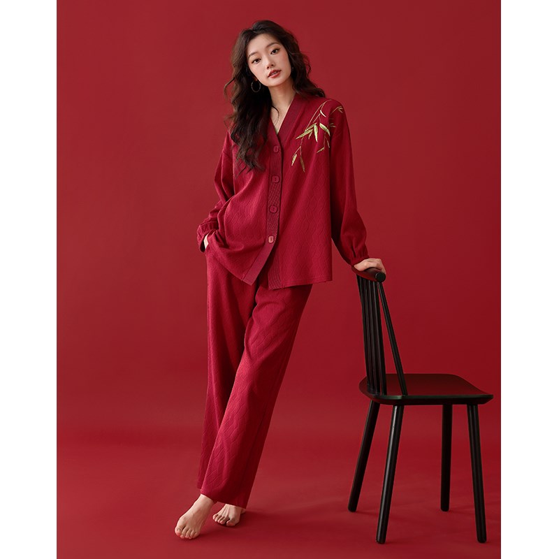 结婚新婚情侣睡衣春秋款长袖红色提花棉套装中式风家居服2024新款