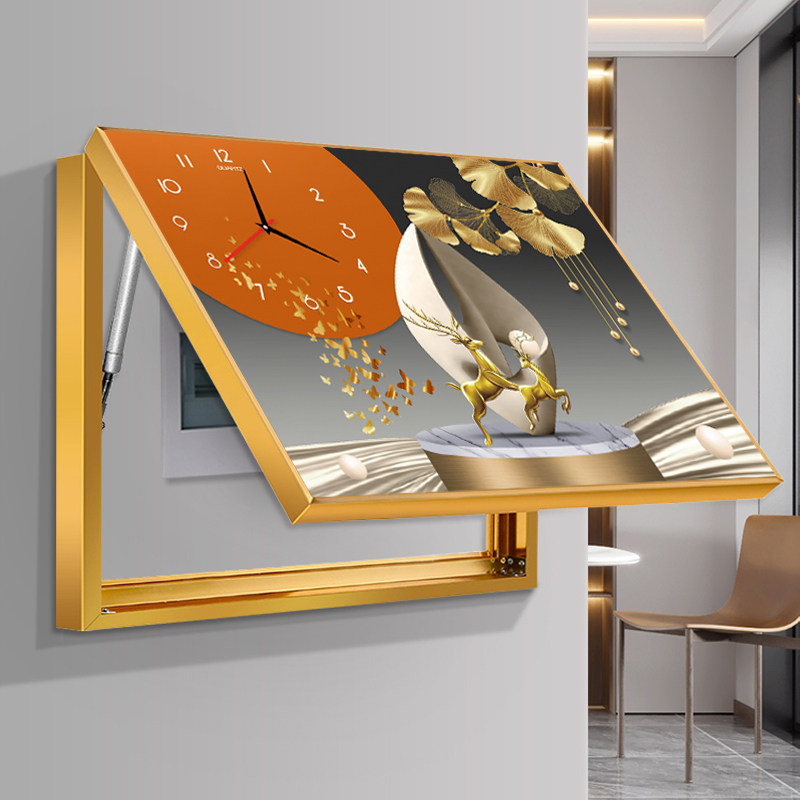 轻奢风网红带时钟表高端电表箱遮挡装饰画配电箱高级挂画2023新款