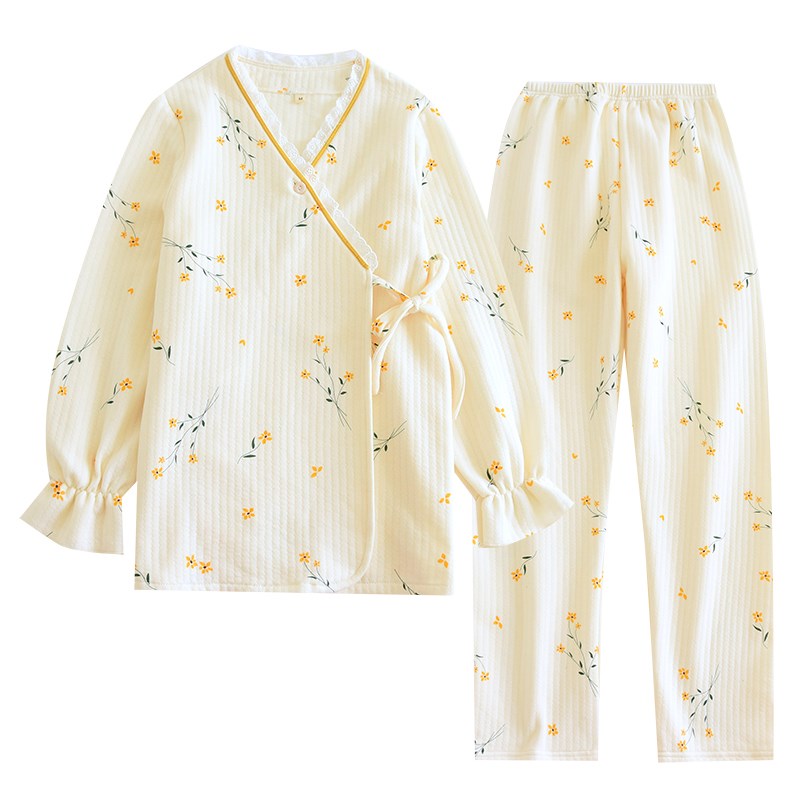 古风汉服空气层纯棉睡衣套装女秋冬季夹棉加厚保暖家居服系带和服