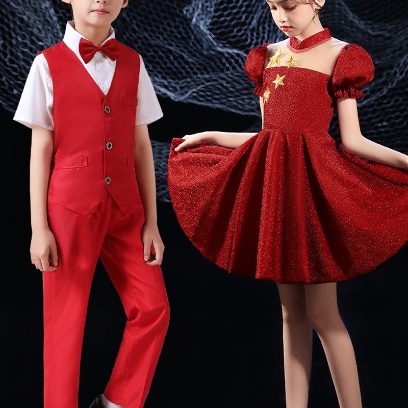 六一儿童大合唱团演出服红色主题男女童红歌红星朗诵歌唱祖国表演