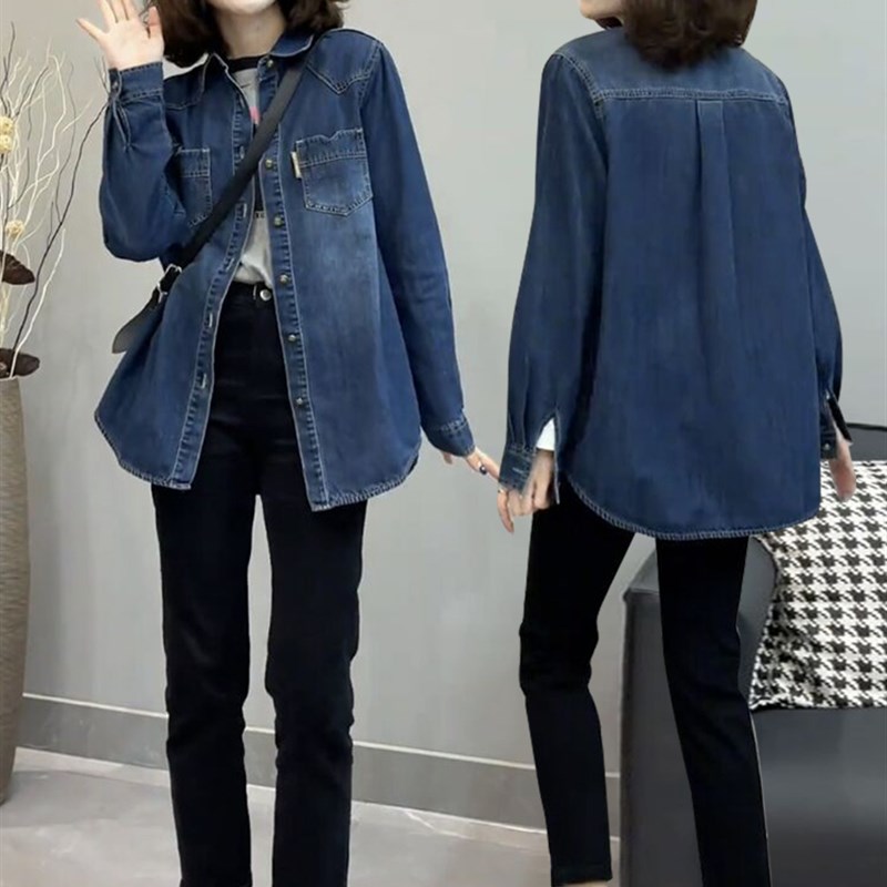 2023新款秋冬牛仔衬衫女中长版复古加厚叠穿宽松休闲内搭衬衫外套