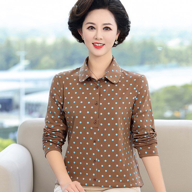 纯棉长袖t恤女翻领2023年春秋新款宽松带领上衣妈妈装波点打底衫