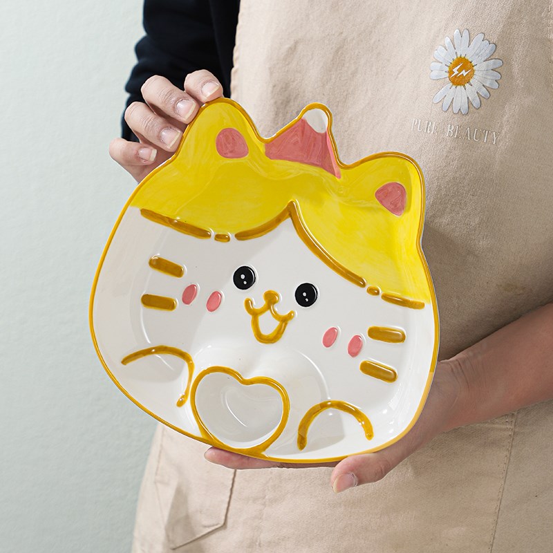 卡通陶瓷饺子盘带蘸料碟釉下彩创意可爱少女心儿童水饺专用分格盘图片