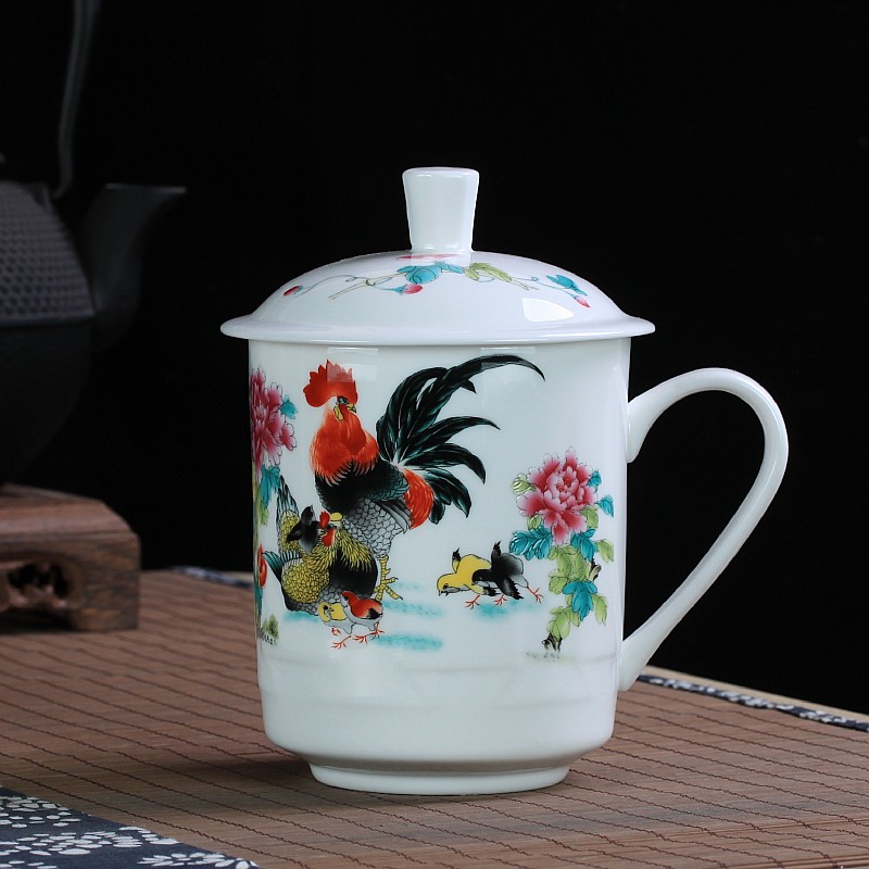 景德镇陶瓷器茶杯带盖骨瓷水杯青花瓷器会议礼品办公杯可定制花色