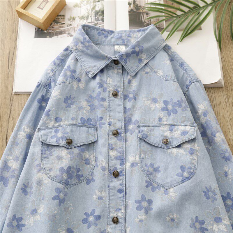 清新花朵牛仔衬衫女装2023秋季新款甜美翻领棉质长袖宽松休闲衬衣