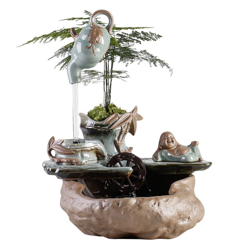 流水摆件陶瓷招财简约小号中式禅意茶桌茶台办公室桌面书房装饰品