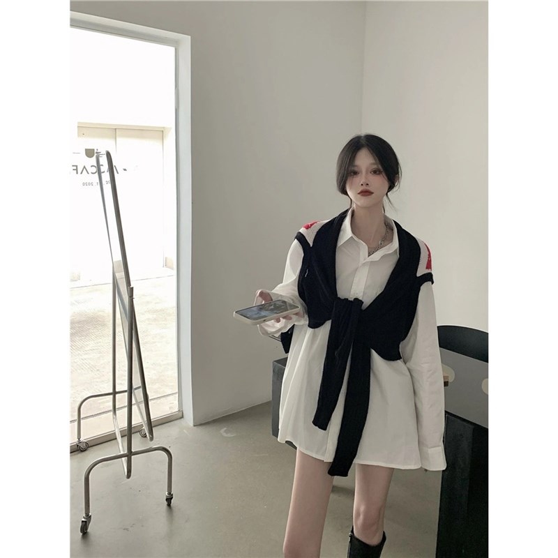 秋季套装女新款小众针织马甲女宽松无袖外搭披肩+长袖衬衫两件套