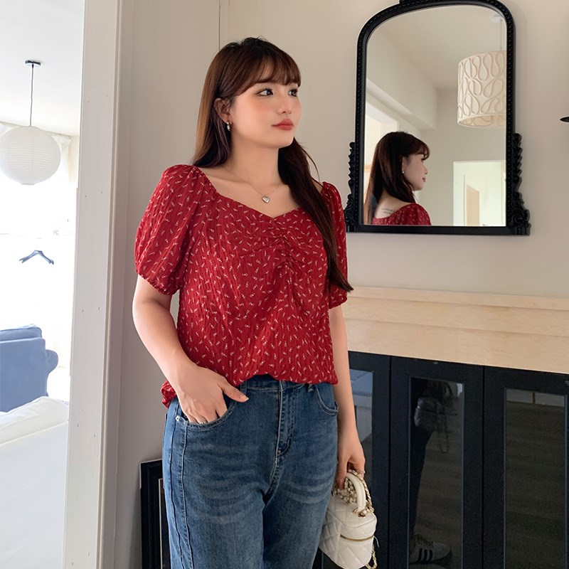 胖mm法式气质方领碎花衬衫女夏季新款度假风大码甜美雪纺衫32098