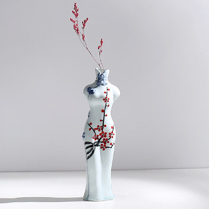 青瓷中式唐装旗袍手绘花瓶陶瓷花插干花水培花器家居桌面装饰摆件
