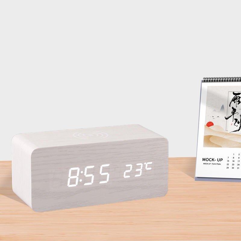 创意礼品数字时钟万年历电子钟手机无线充电木头钟声控省电闹钟