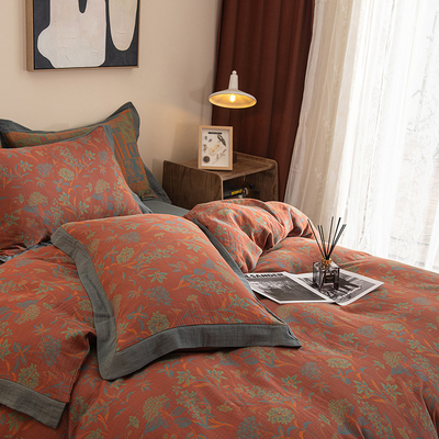 【紫禁朱樱】母婴级A类复古色织大提花双层纱全棉四件套纯棉床单