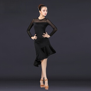 成人表演拉丁舞服女生黑色跳舞蹈冬季拉丁舞连衣裙演出跳舞练功服
