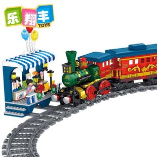 方橙创意男女孩游乐园电动游园观光火车拼装积木儿童轨道列车玩具