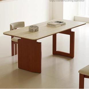 复古实木岩板餐桌现代简约家用长方形饭桌桌组合2024新款 中古风