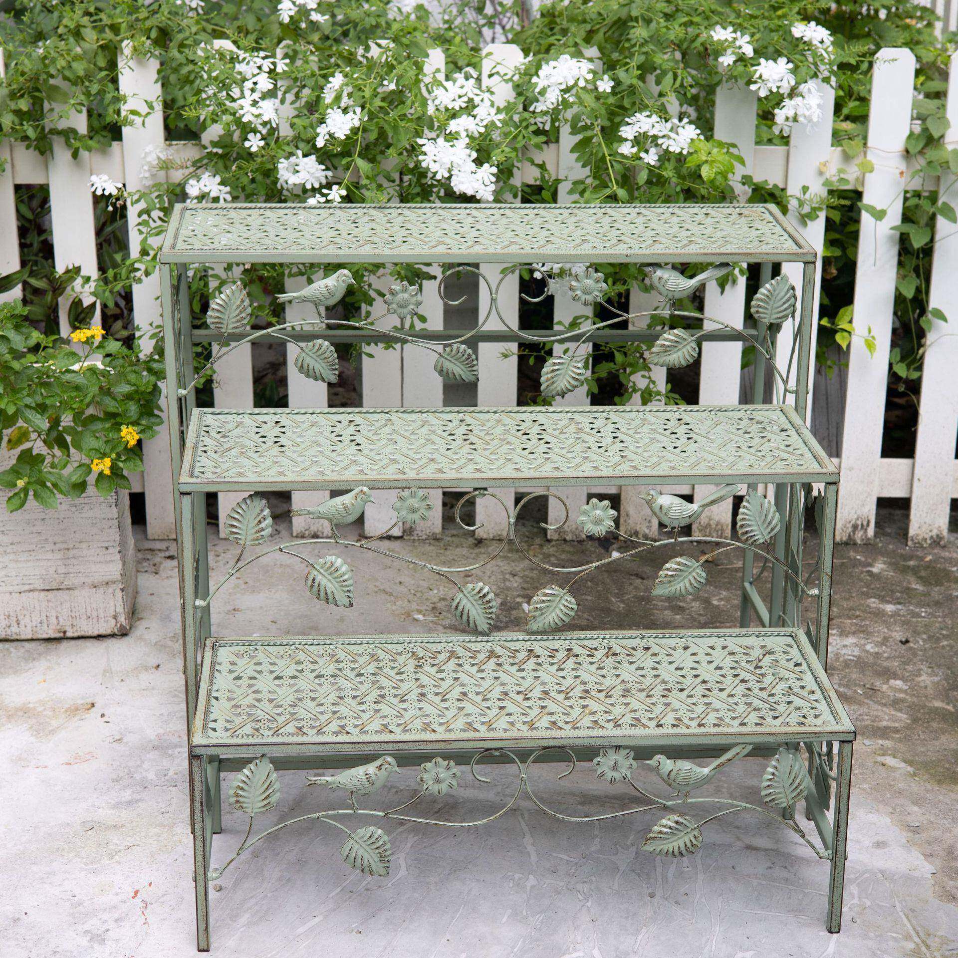 美式复古铁艺小鸟多层花架户外花园阳台庭院三层花盆架盆栽置物架