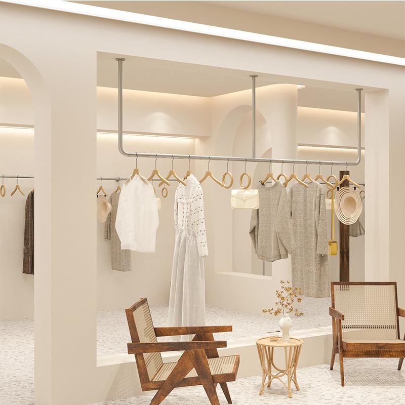 上墙不锈钢拉丝银色正挂服装店展示架女装衣架挂衣杆墙上壁挂货架