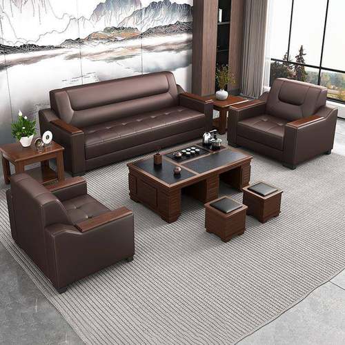 真皮办公室沙发简约现代商务会客接待休闲三人位茶几组合套装皮艺
