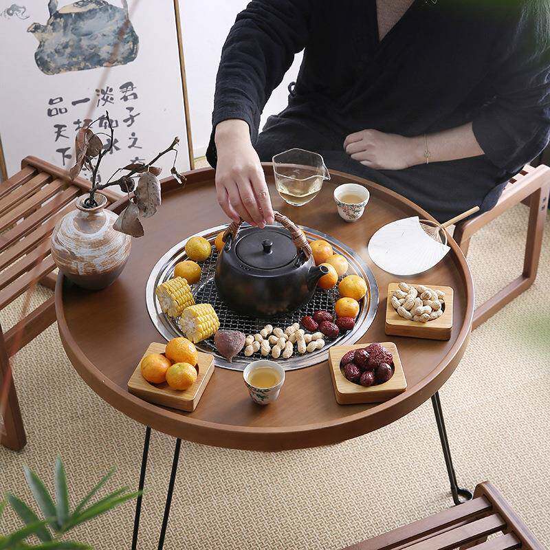 茶桌茶桌圆形胡桃木小新简约木色胡桃围炉茶桌桃木茶几复古中式煮