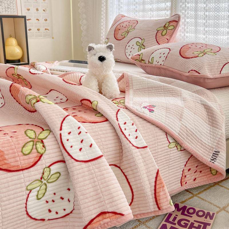 秋新款一一面棉绗缝夹棉高温砂洗绒床盖三件面套加厚床单床729炕