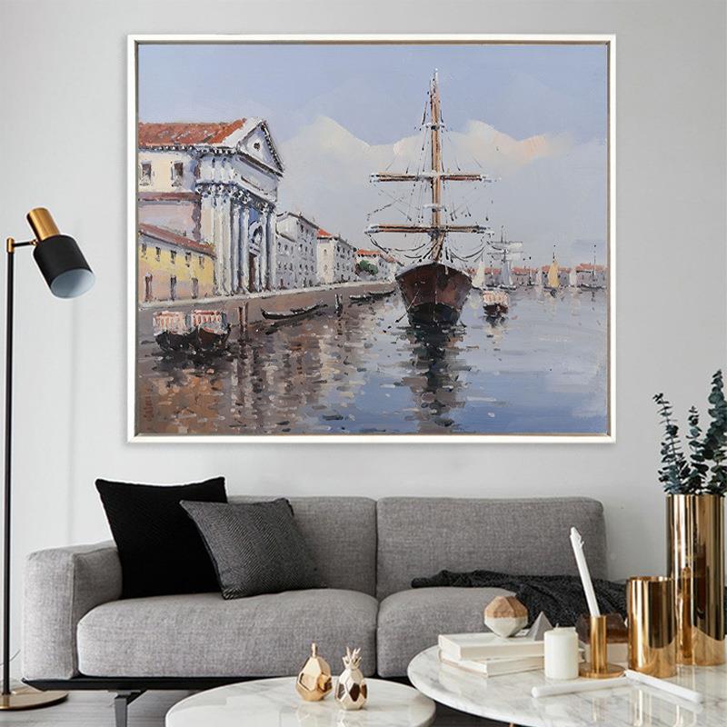 油画货地中纯手绘装现饰画带框酒店海景风景海107帆家船挂画厂直