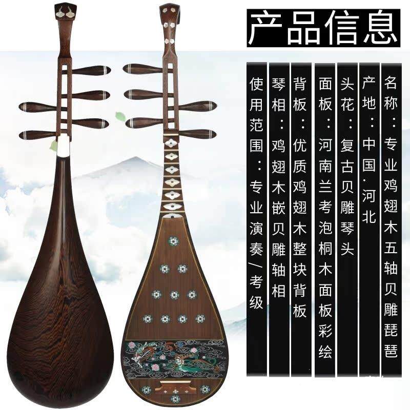 五弦ONE琵琶乐器花梨木琵黑檀相贝雕琶鸡翅木雕彩轴绘仿唐五弦贝