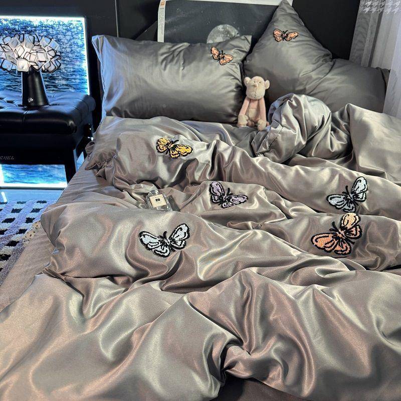 轻刺绣蝶套床单四奢件套凉感冰丝家居被被罩夏季宿舍三件套单477