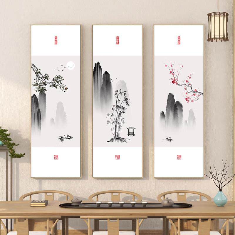 茶室客464三联装饰画新中松竹公梅长条竖版壁厅画办室风景式山水