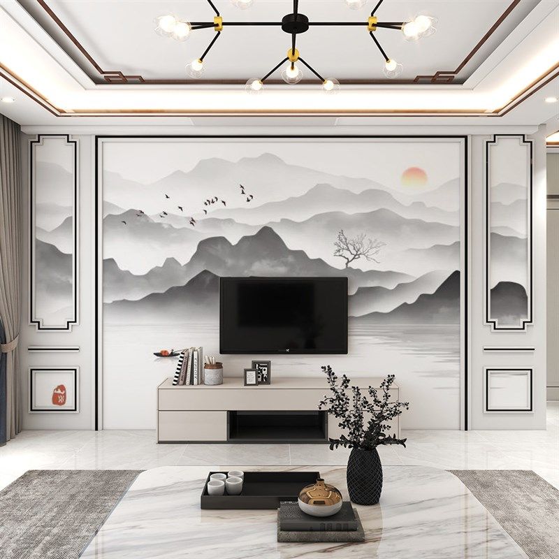 定制墙纸中式3D立体水墨山水电视背景墙壁纸客厅壁画卧室壁画壁布