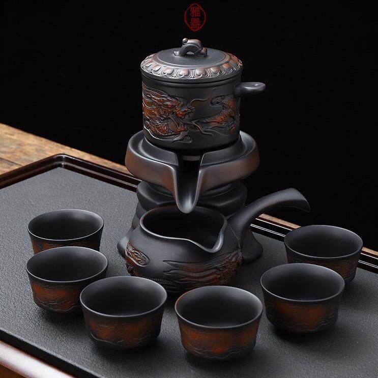 网红康乐品紫陶石磨茶具套装家用懒人泡茶紫砂功夫复古自动茶壶旋