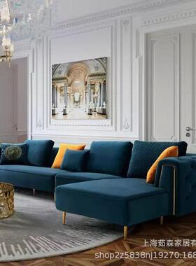 美式轻奢布艺沙发组合三人天鹅绒北欧别墅样板房贵妃蓝色沙发现货