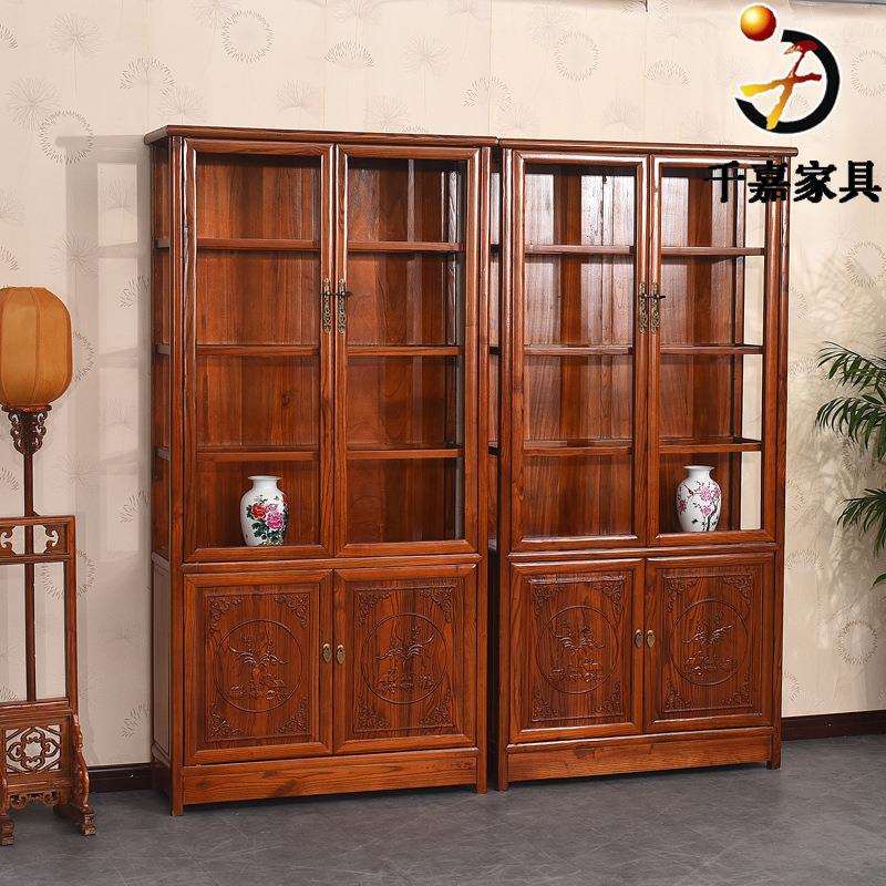 榆木玻璃展示柜木质珠宝柜仿古木质书架玻璃书柜组合木质柜