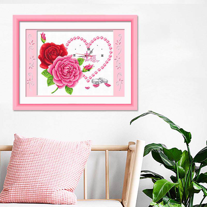 钟表十字绣小型挂钟玫瑰花餐厅客厅新款线绣小件简单自己绣手工
