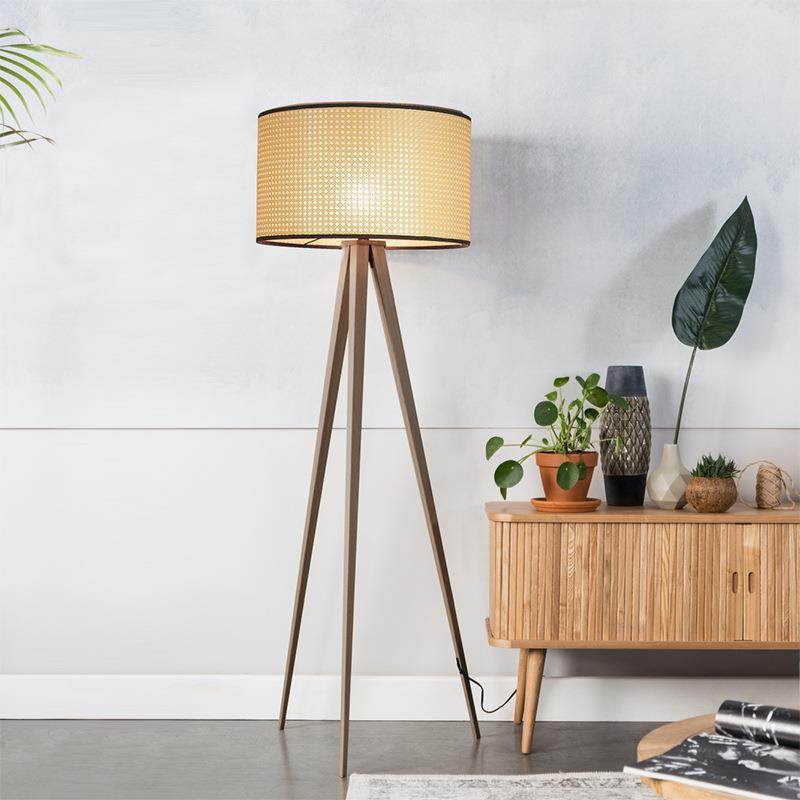中式藤编落地灯茶室客厅沙发边立式灯卧室轻奢实木三脚支架藤艺灯